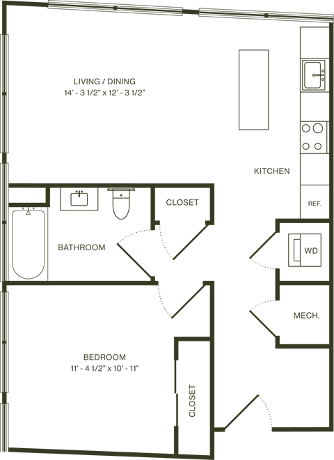 Floor plan for 1 bed, 1 bath, 691 sqft